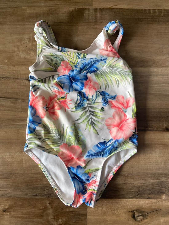 wonder nation Other - Girls Floral One-Piece Swimsuit - White with Blue & Pink Flowers